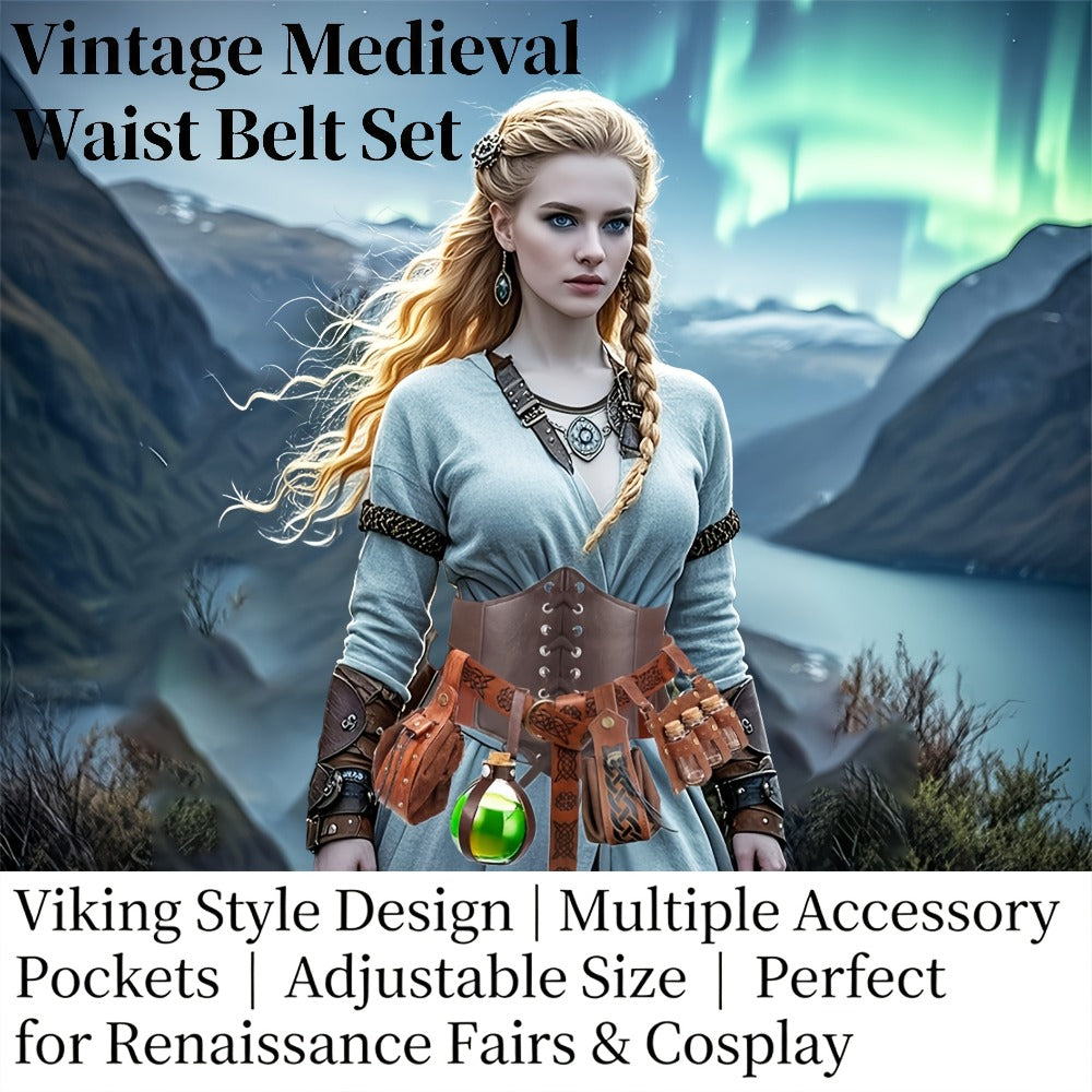 Costume Accessories - Renaissance Corset Set 6PCS Medieval Belt, Pouches, Waist Guard & Cork - product detail view 2