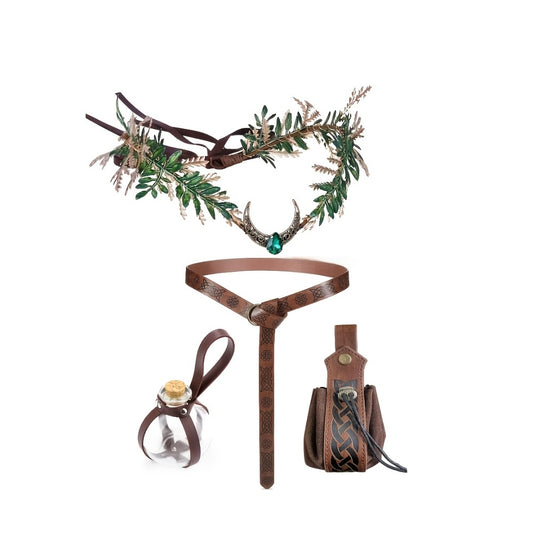 Costume Accessories - Renaissance Fairy Set 4 Pcs for Women | Medieval Elf Crown Headband Belt - main product view