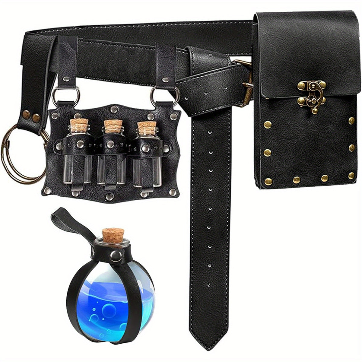 Costume Accessory Sets - Renaissance Set 5 Pieces Belt Pouch Waist Bag Potion Vials Keyring Hook - product detail view 10