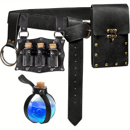 Costume Accessory Sets - Renaissance Set 5 Pieces Belt Pouch Waist Bag Potion Vials Keyring Hook - product detail view 10