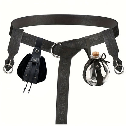 Costume Belt Set - Renaissance 5pcs | Medieval Viking Embossed Faux Leather with Pouches - product detail view 7