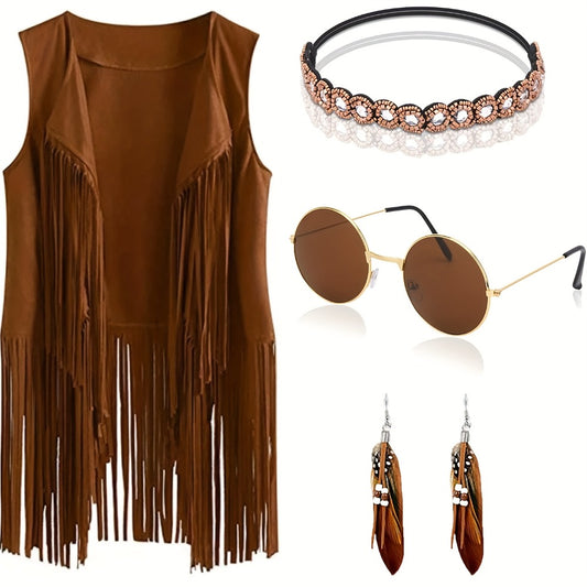 Costume & Clothing - Fringe Vest for Women 60s 70s Bohemian Hippie Cowgirl Top Brown Retro - main product view