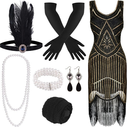 Costume Set - Flapper Dress 1920s for Women 10-Piece Sequin Beaded Fringe Midi Dress - product detail view 13