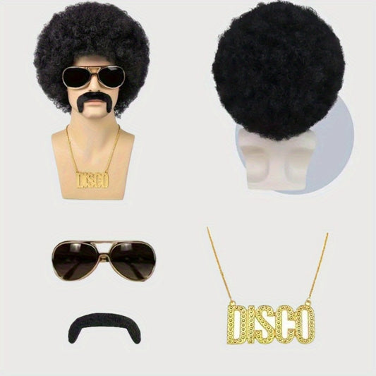 Costume Wigs & Sets - 70s Disco Wig Set for Men - 5 Piece Curly Short Afro Wig with Cap - main product view