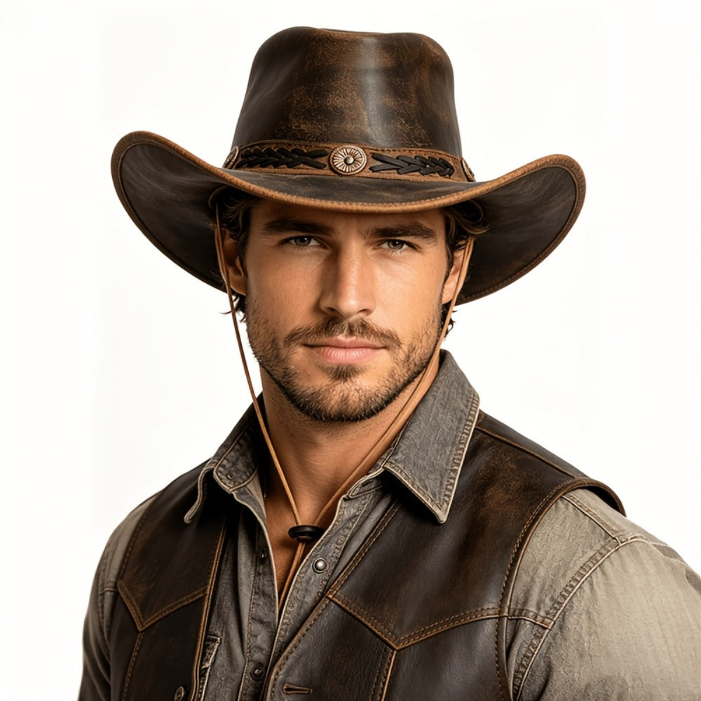 Cowboy Hat - Genuine Leather Moldable Wide Brim Australian Outback Aussie Style for Men - product detail view 3