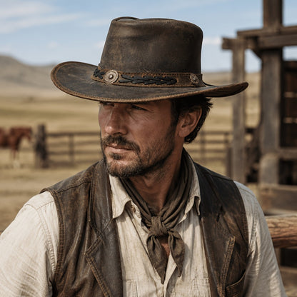 Cowboy Hat - Genuine Leather Moldable Wide Brim Australian Outback Aussie Style for Men - product detail view 4