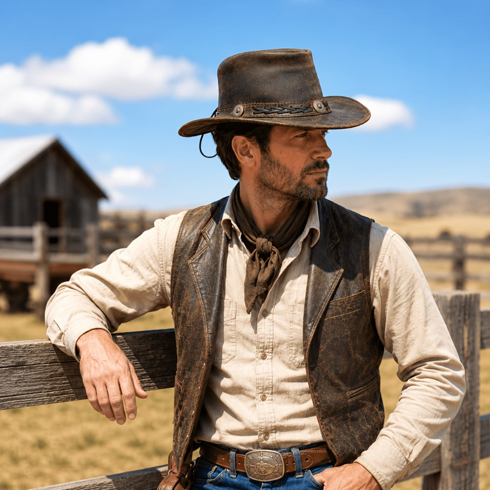 Cowboy Hat - Genuine Leather Moldable Wide Brim Australian Outback Aussie Style for Men - product detail view 5