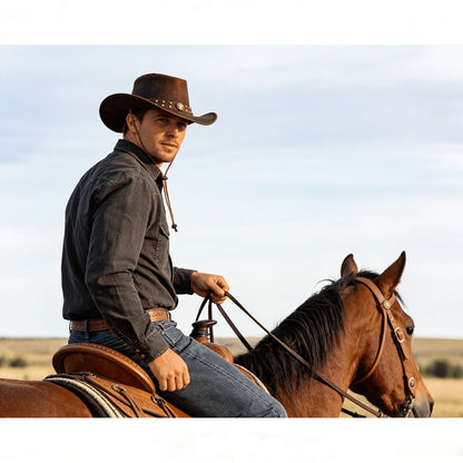 Cowboy Hat - Leather Genuine Top-Grain Wide Brim Shapeable Western Australian Style - product detail view 4