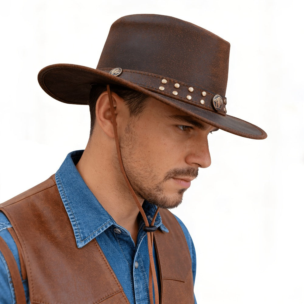 Cowboy Hat - Leather Genuine Top-Grain Wide Brim Shapeable Western Australian Style - product detail view 5