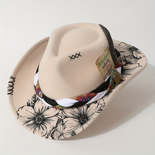 Cowboy Hat - Women's Felt Boho Floral Print Western Cowgirl with Braided Band Rodeo - main product view