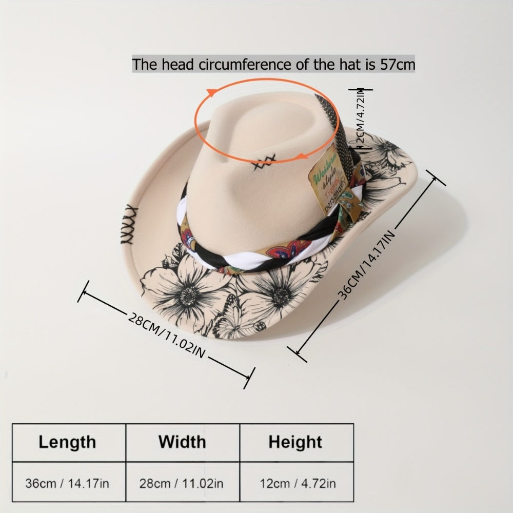 Cowboy Hat - Women's Felt Boho Floral Print Western Cowgirl with Braided Band Rodeo - product detail view 3