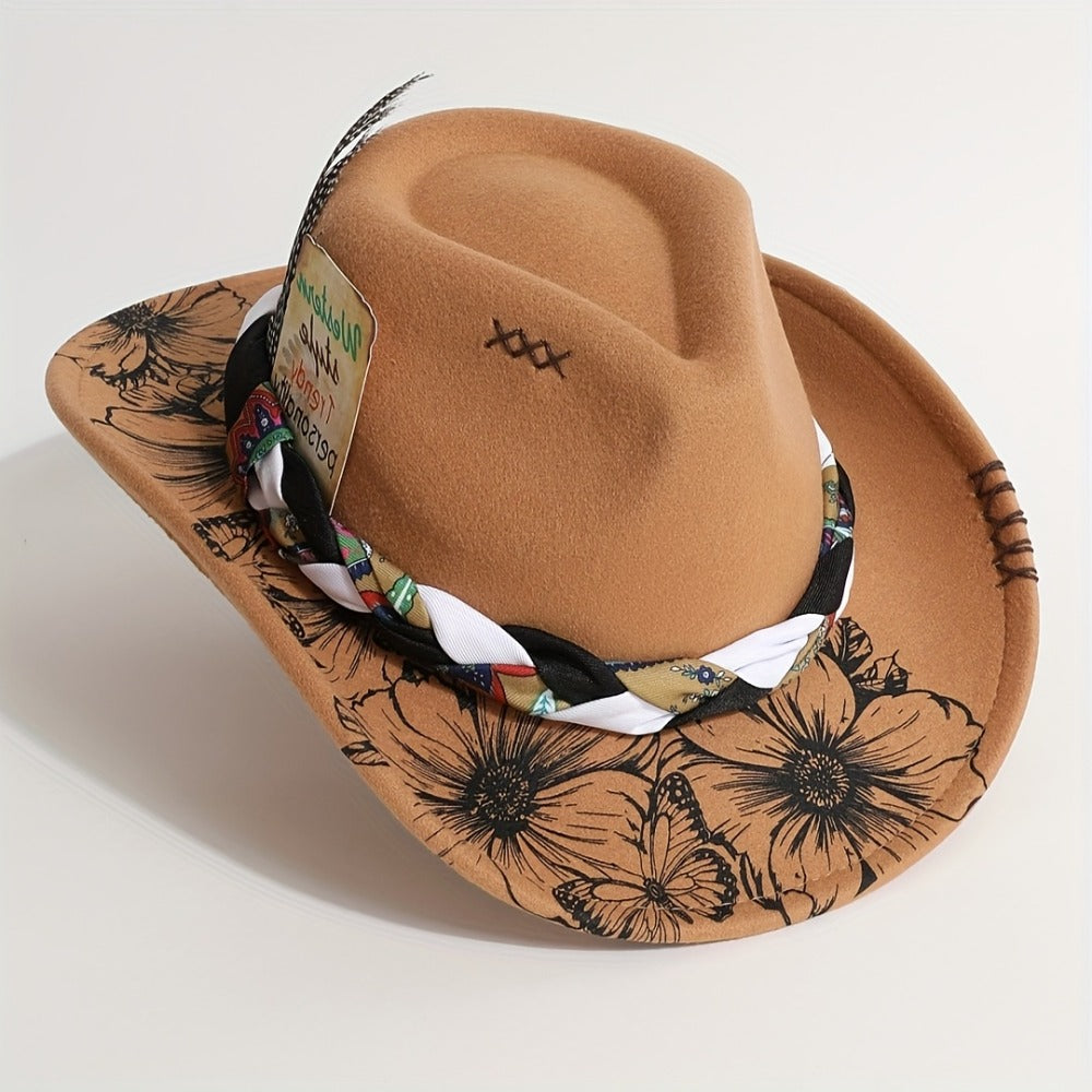 Cowboy Hat - Women's Felt Boho Floral Print Western Cowgirl with Braided Band Rodeo - product detail view 4