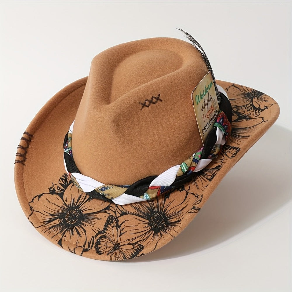 Cowboy Hat - Women's Felt Boho Floral Print Western Cowgirl with Braided Band Rodeo - product detail view 5