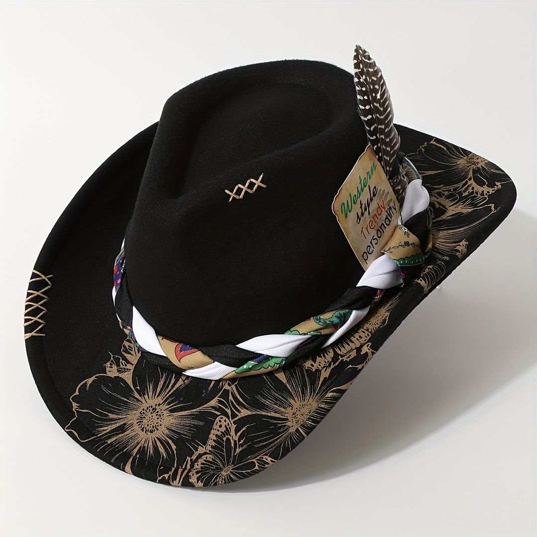 Cowboy Hat - Women's Felt Boho Floral Print Western Cowgirl with Braided Band Rodeo - product detail view 6