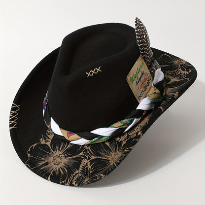 Cowboy Hat - Women's Felt Boho Floral Print Western Cowgirl with Braided Band Rodeo - product detail view 6