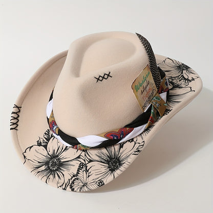 Cowboy Hat - Women's Felt Boho Floral Print Western Cowgirl with Braided Band Rodeo - product detail view 7