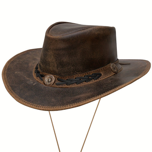 Cowboy Hat - Shapeable Top-Grain Leather Outback Brass Studs Adjustable Chin Cord - main product view
