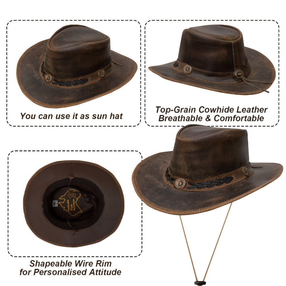 Cowboy Hat - Shapeable Top-Grain Leather Outback Brass Studs Adjustable Chin Cord - product detail view 4