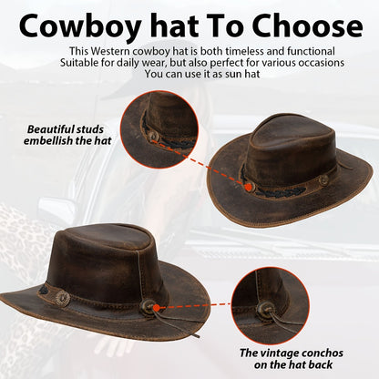 Cowboy Hat - Shapeable Top-Grain Leather Outback Brass Studs Adjustable Chin Cord - product detail view 5