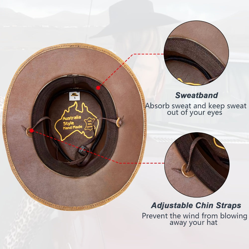 Cowboy Hat - Shapeable Top-Grain Leather Outback Brass Studs Adjustable Chin Cord - product detail view 6