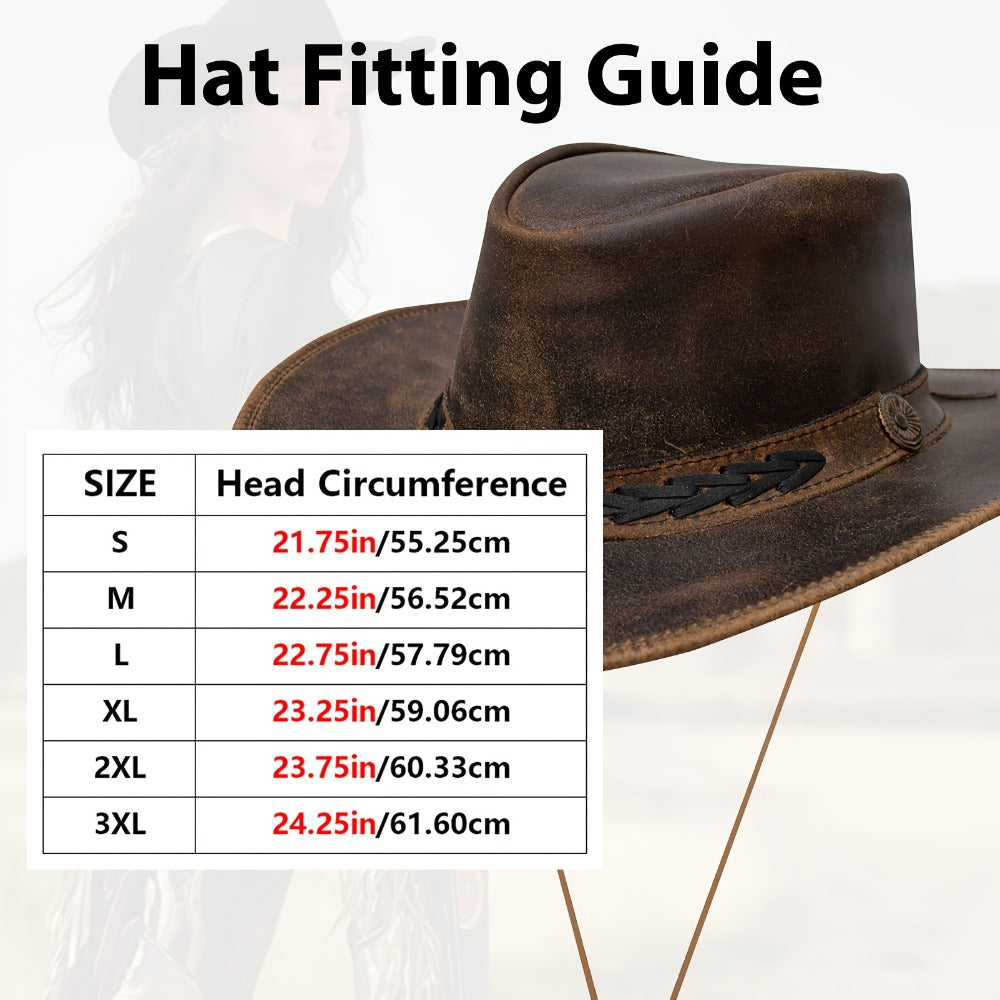 Cowboy Hat - Shapeable Top-Grain Leather Outback Brass Studs Adjustable Chin Cord - product detail view 7