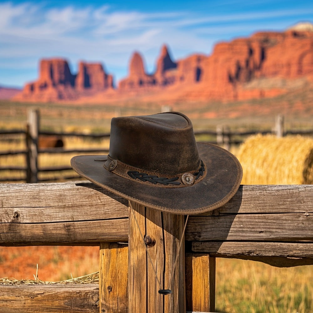 Cowboy Hat - Shapeable Top-Grain Leather Outback Brass Studs Adjustable Chin Cord - product detail view 8