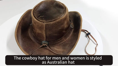 Cowboy Hat - Shapeable Top-Grain Leather Outback Brass Studs Adjustable Chin Cord - product detail view 9