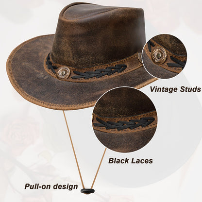 Cowboy Hat - Shapeable Top-Grain Leather Outback Brass Studs Adjustable Chin Cord - product detail view 10