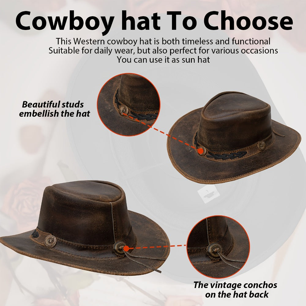 Cowboy Hat - Shapeable Top-Grain Leather Outback Brass Studs Adjustable Chin Cord - product detail view 11