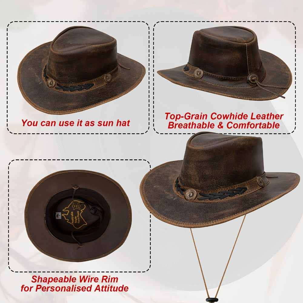 Cowboy Hat - Shapeable Top-Grain Leather Outback Brass Studs Adjustable Chin Cord - product detail view 12