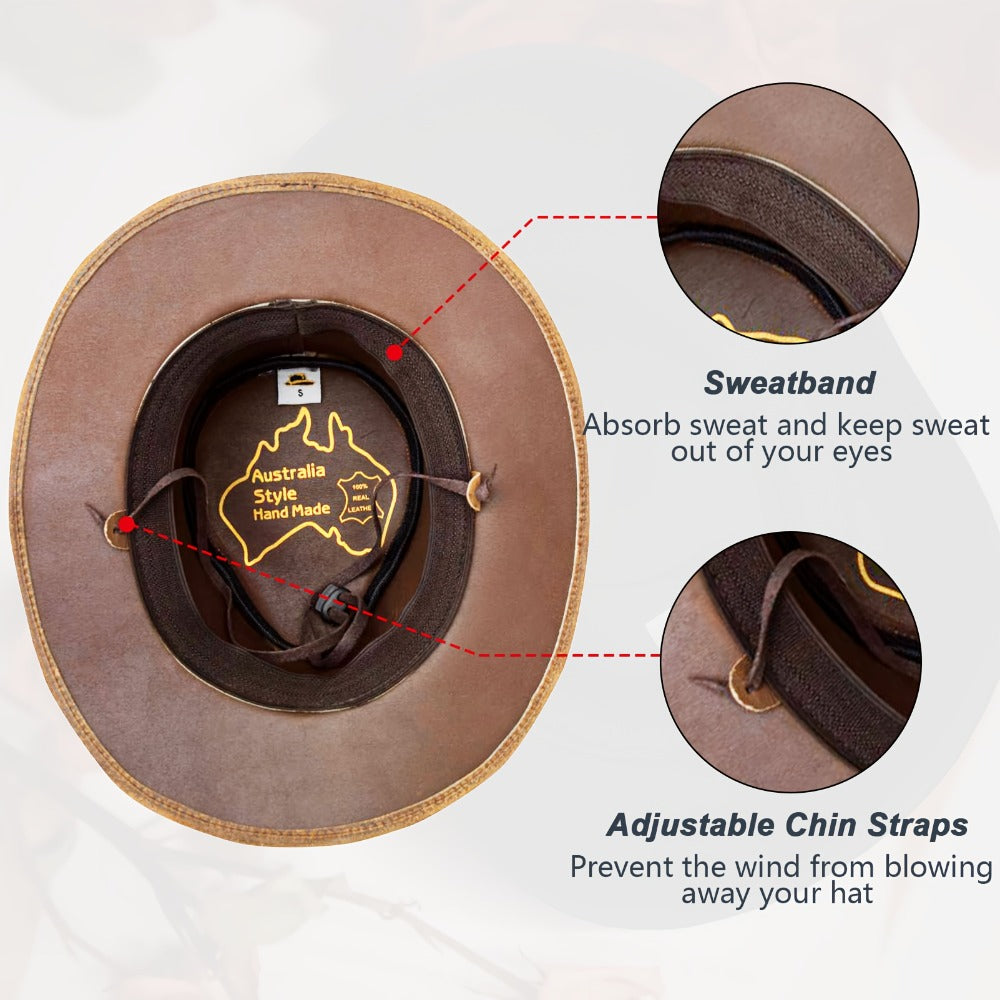 Cowboy Hat - Shapeable Top-Grain Leather Outback Brass Studs Adjustable Chin Cord - product detail view 13