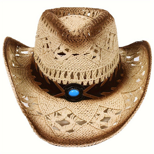 Cowboy Hat - Straw for Men & Women Wide Brim Western with Decorative Band, Breathable - main product view