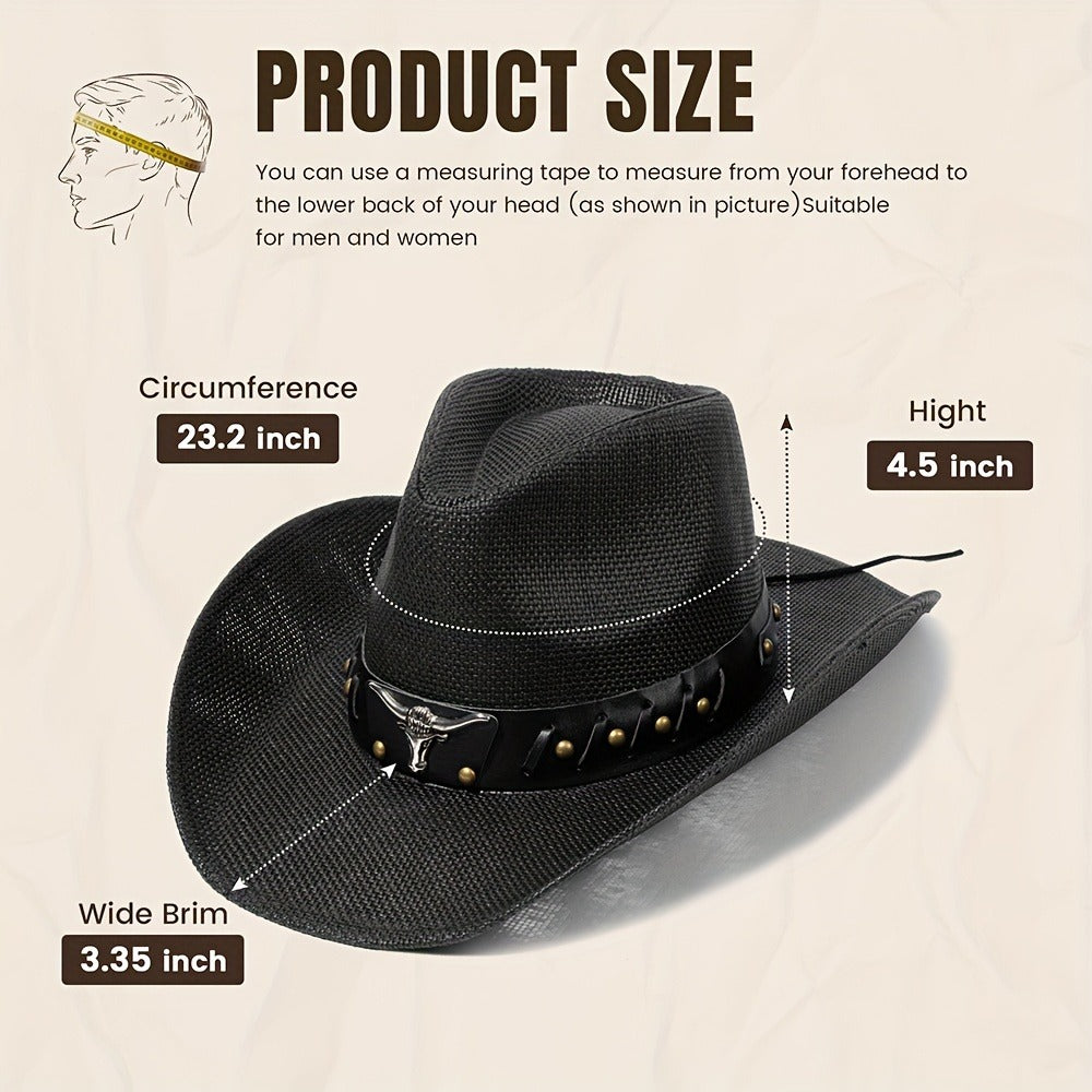 Cowboy Hat - Straw for Men & Women Wide Brim Western with Decorative Band, Breathable - product detail view 2