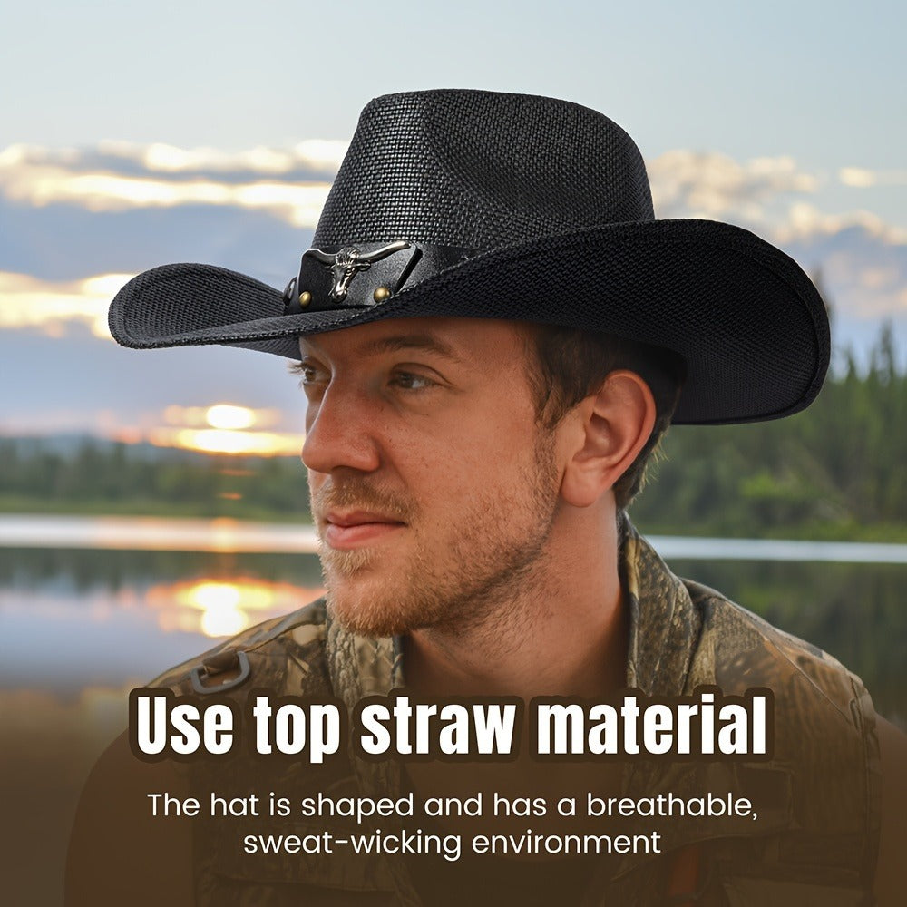 Cowboy Hat - Straw for Men & Women Wide Brim Western with Decorative Band, Breathable - product detail view 4