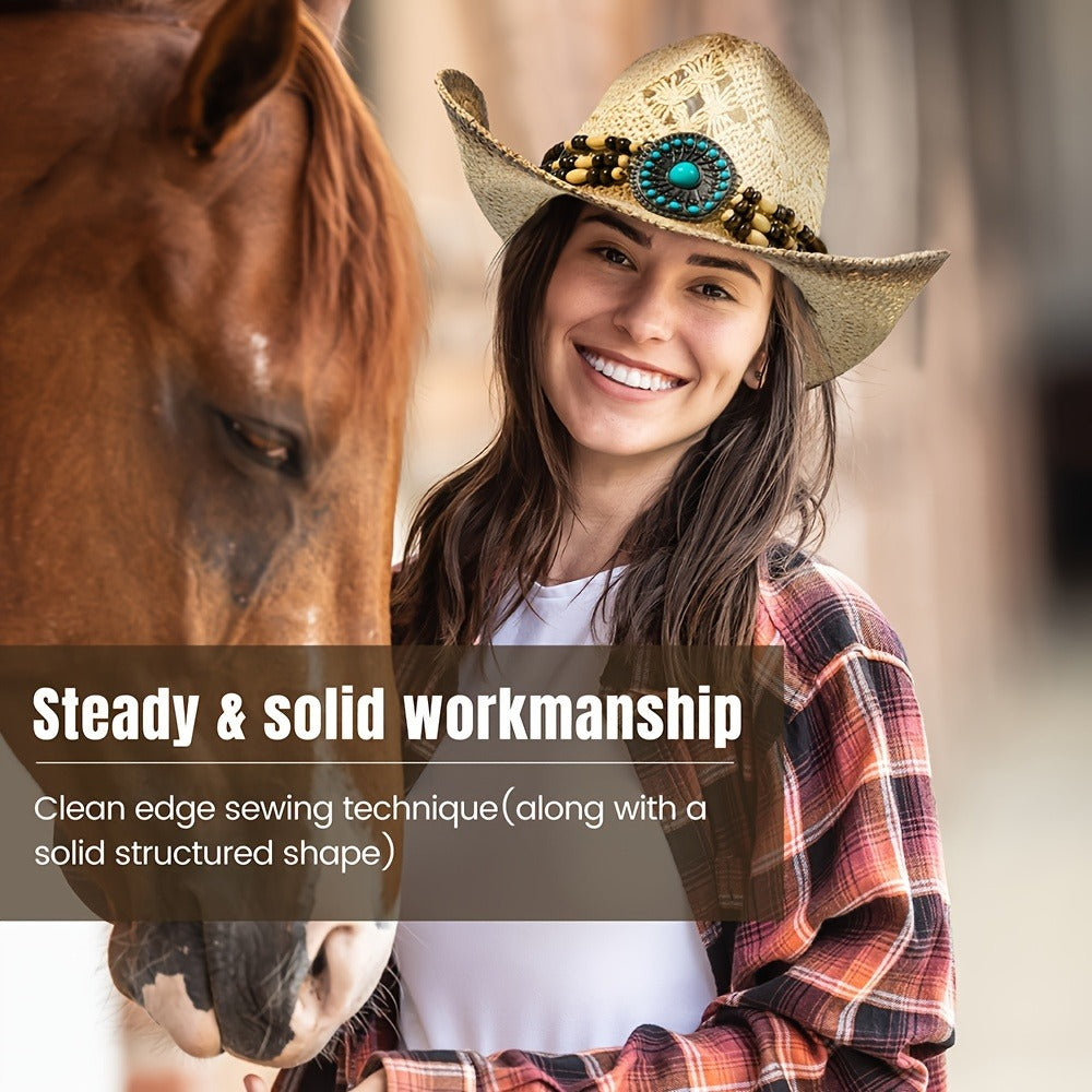 Cowboy Hat - Straw for Men & Women Wide Brim Western with Decorative Band, Breathable - product detail view 6
