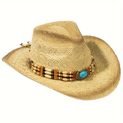 Cowboy Hat - Straw for Men & Women Wide Brim Western with Decorative Band, Breathable - product detail view 12