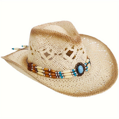Cowboy Hat - Straw for Men & Women Wide Brim Western with Decorative Band, Breathable - product detail view 16