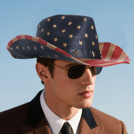 Cowboy Hat - Western American Flag Wide Curved Brim Straw Equestrian Riding Jazz - main product view