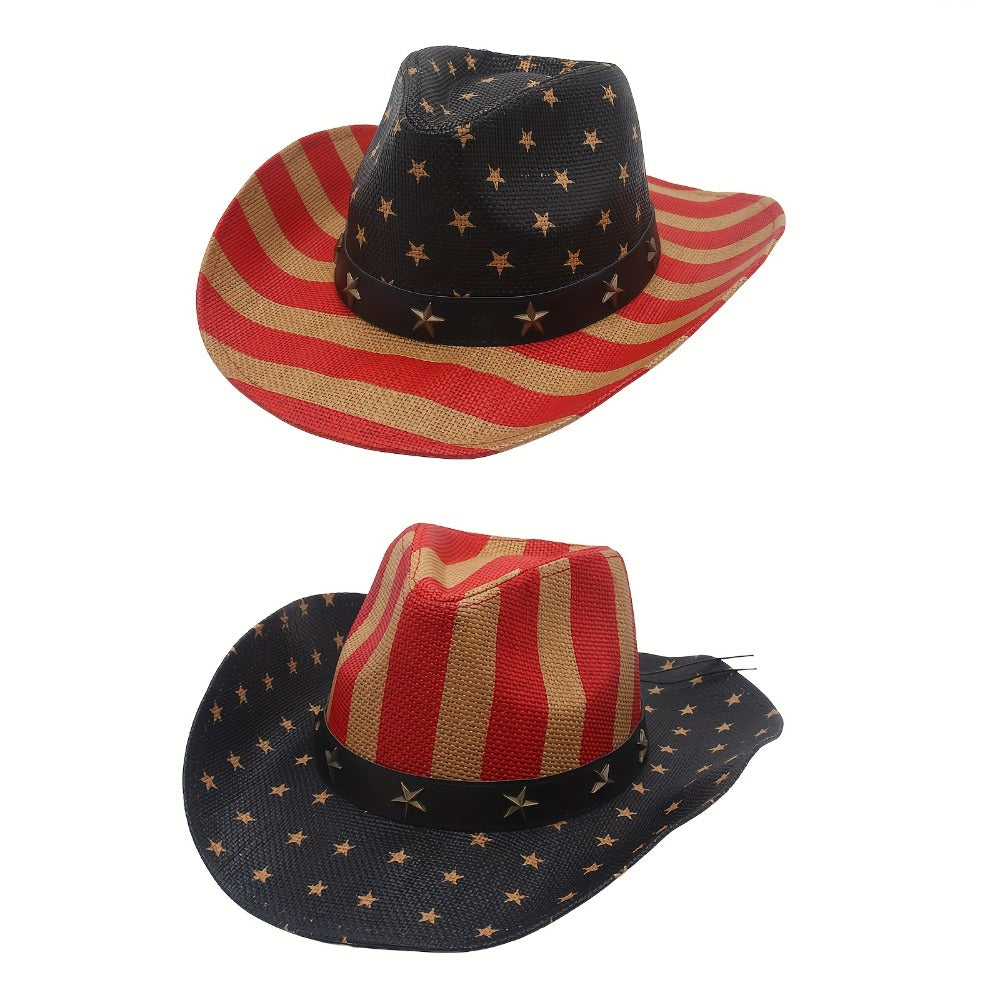 Cowboy Hat - Western American Flag Wide Curved Brim Straw Equestrian Riding Jazz - product detail view 2