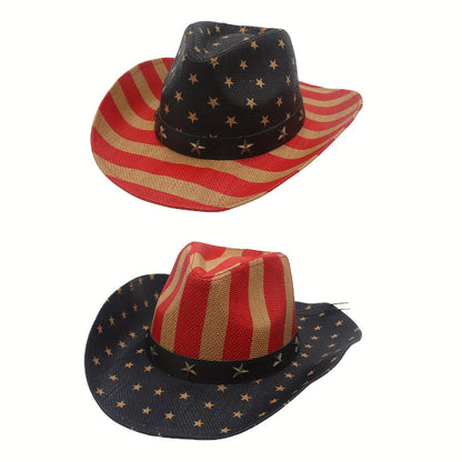 Cowboy Hat - Western American Flag Wide Curved Brim Straw Equestrian Riding Jazz - product detail view 2