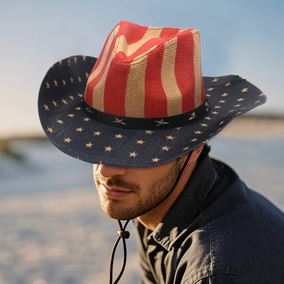 Cowboy Hat - Western American Flag Wide Curved Brim Straw Equestrian Riding Jazz - product detail view 4