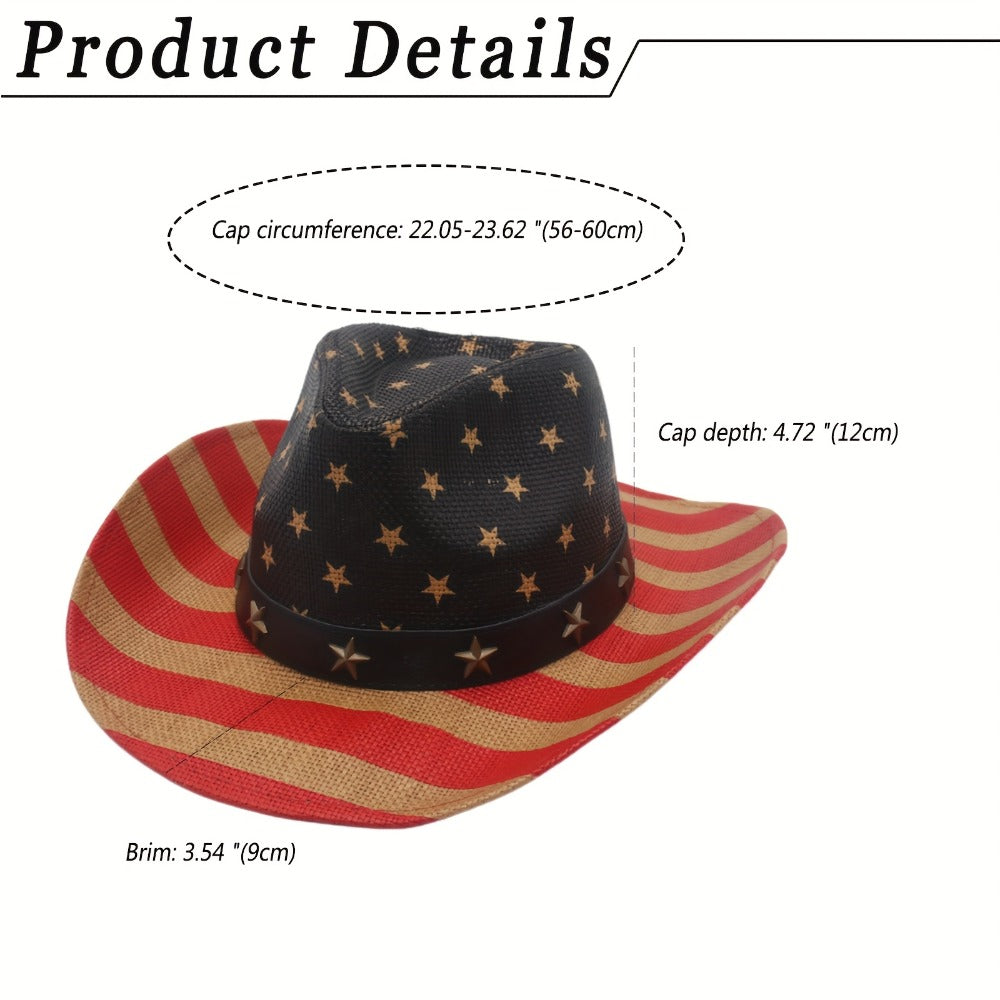 Cowboy Hat - Western American Flag Wide Curved Brim Straw Equestrian Riding Jazz - product detail view 6