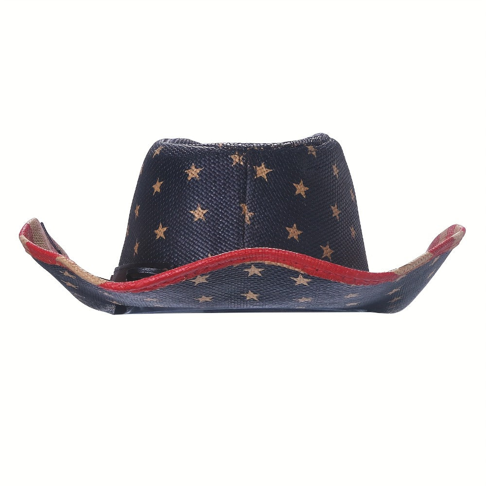 Cowboy Hat - Western American Flag Wide Curved Brim Straw Equestrian Riding Jazz - product detail view 7