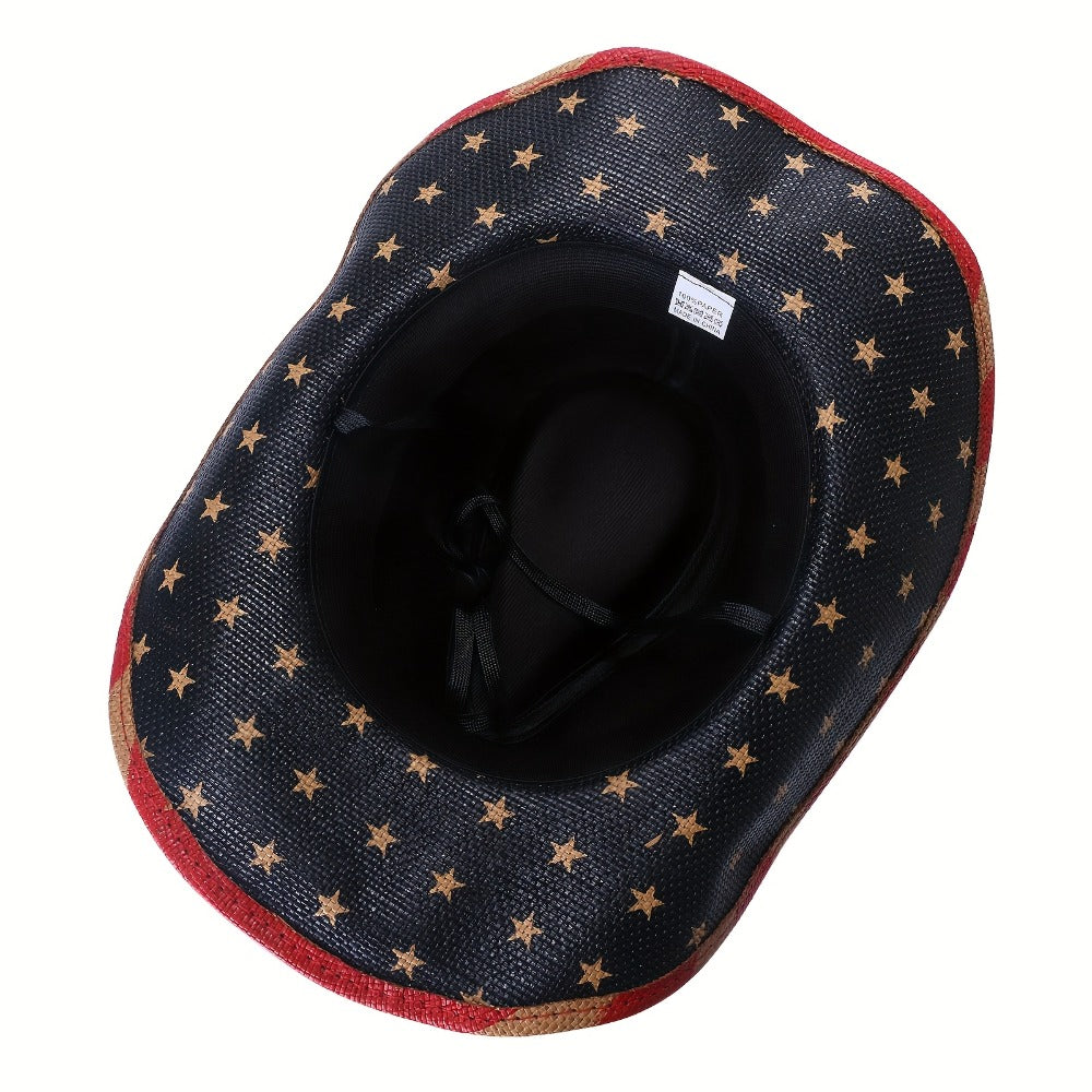 Cowboy Hat - Western American Flag Wide Curved Brim Straw Equestrian Riding Jazz - product detail view 8