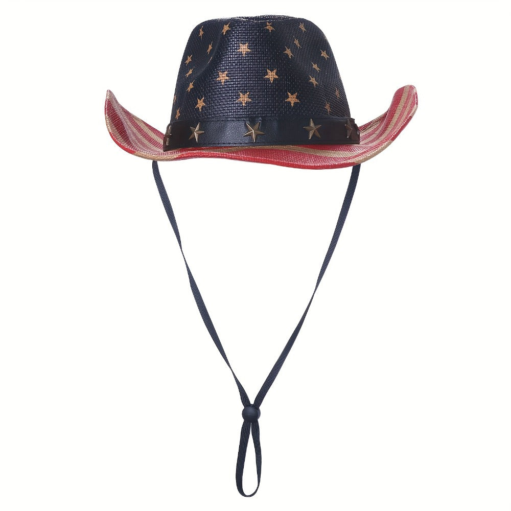 Cowboy Hat - Western American Flag Wide Curved Brim Straw Equestrian Riding Jazz - product detail view 9