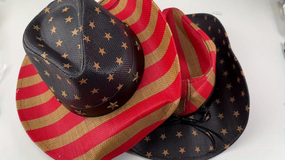 Cowboy Hat - Western American Flag Wide Curved Brim Straw Equestrian Riding Jazz - product detail view 12