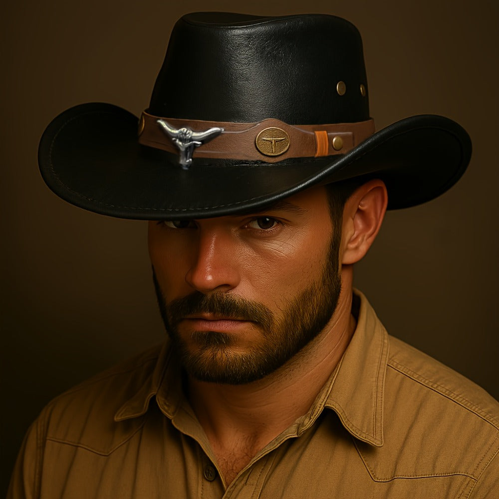 Cowboy Hat - Western for Men Wide Brim Faux Leather for Summer Outdoor Parties Rodeo - product detail view 2