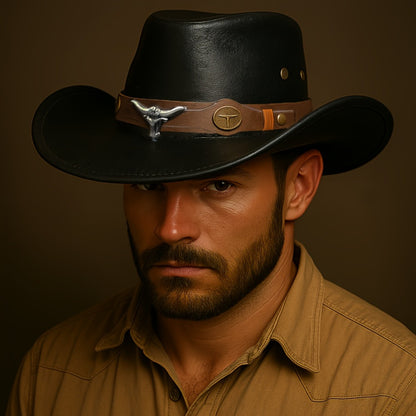 Cowboy Hat - Western for Men Wide Brim Faux Leather for Summer Outdoor Parties Rodeo - product detail view 2