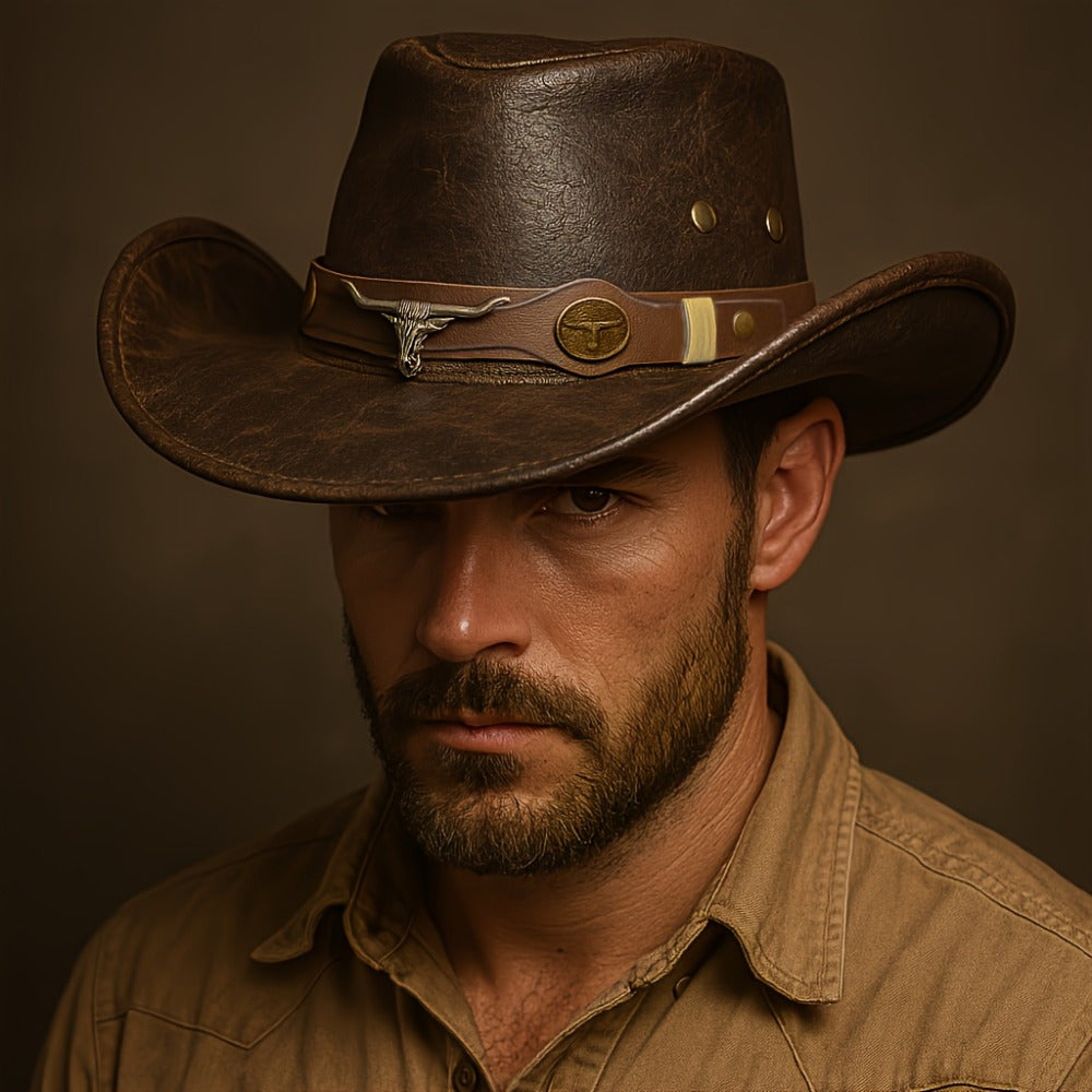 Cowboy Hat - Western for Men Wide Brim Faux Leather for Summer Outdoor Parties Rodeo - product detail view 3