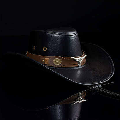 Cowboy Hat - Western for Men Wide Brim Faux Leather for Summer Outdoor Parties Rodeo - product detail view 6